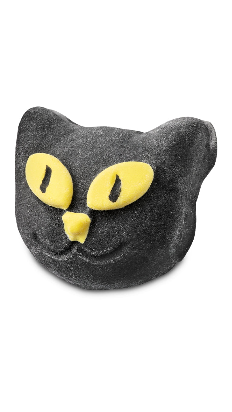 A black cat head-shaped bubble bar with bright yellow eyes.