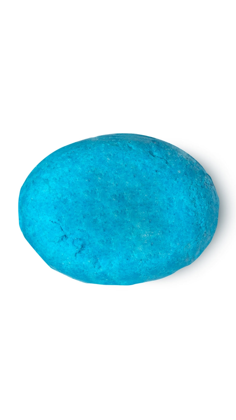 A blue oval-shaped lush conditioner bar that smells like sea salt.