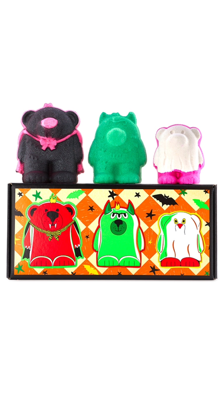 Boo Bear gift set featuring Vampire Bear , Monster Scare Bear, and Ghost Bear bath bomb gift exclusives displayed on top of a sliding gift box.