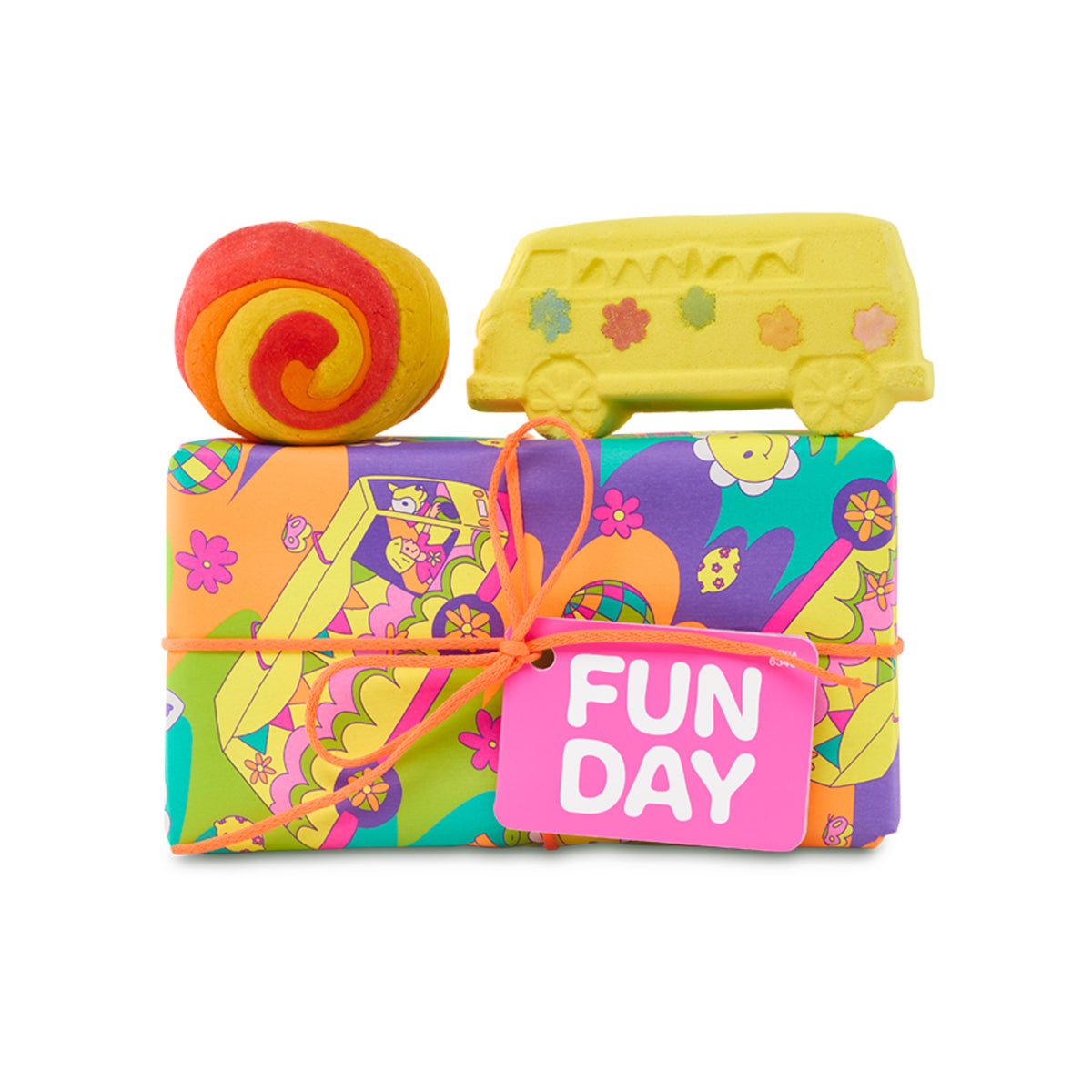 Fun Day gift featuring mini Brightside bubble bar and Magic bus bath bomb displayed on the top of a colourful graphic wrapped box.