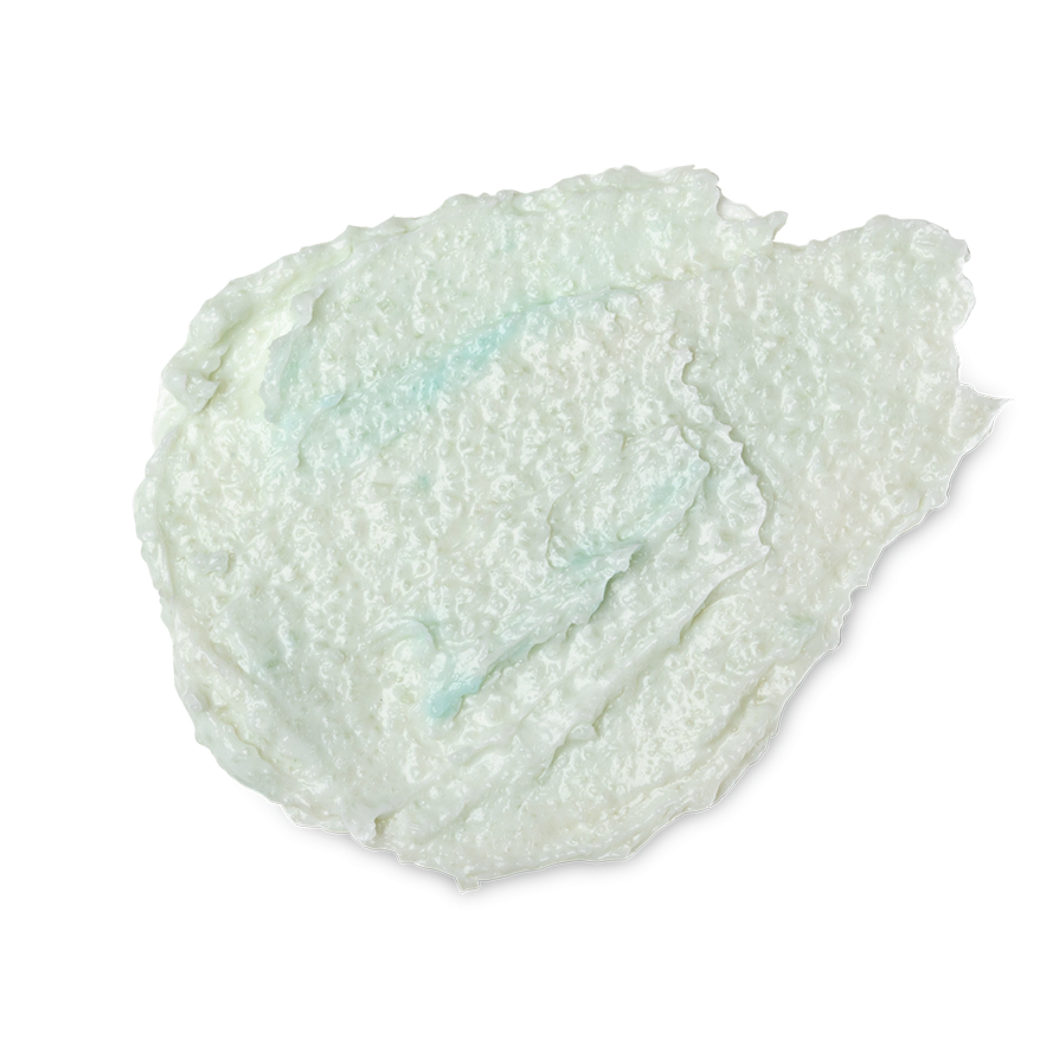 A light blue tear-shaped swatch of a lush salt scrub that smells like sea salt.