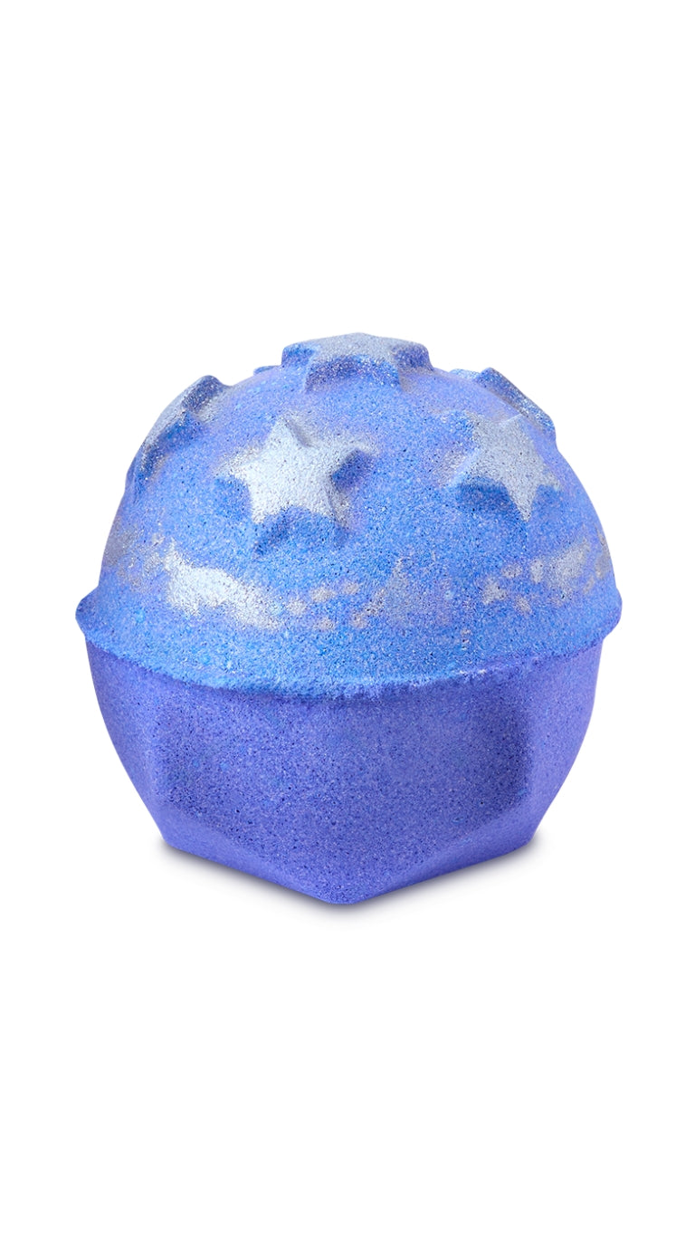 A purple circular bath bomb with siler stars imprinted on the top.