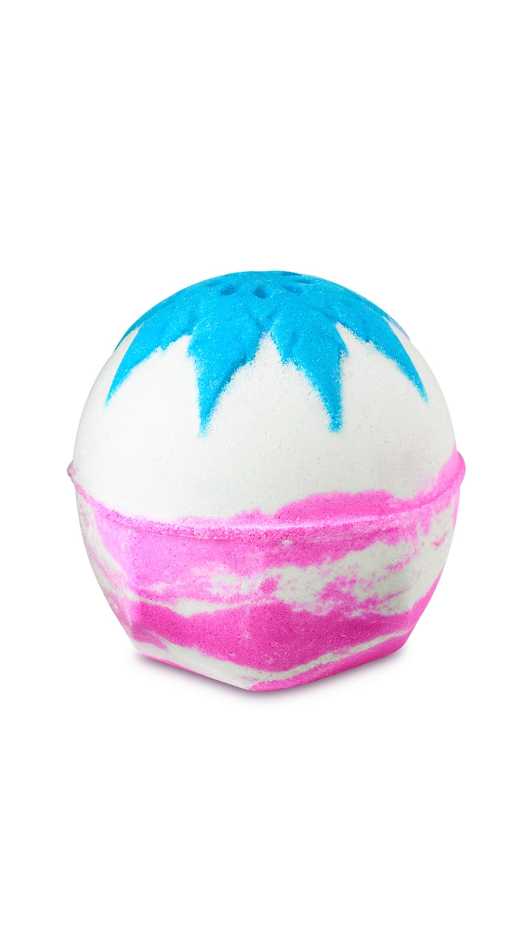 A pink and white marbled circular bath bomb with a blue snow flake imprinted on the top.
