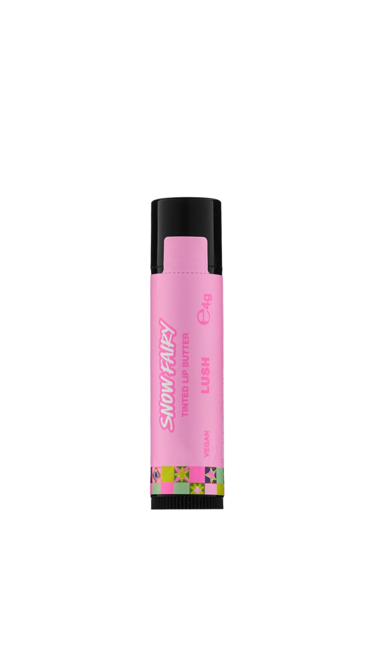 Snow Fairy lip balm in a slim pink and black tube, shown on a white background.