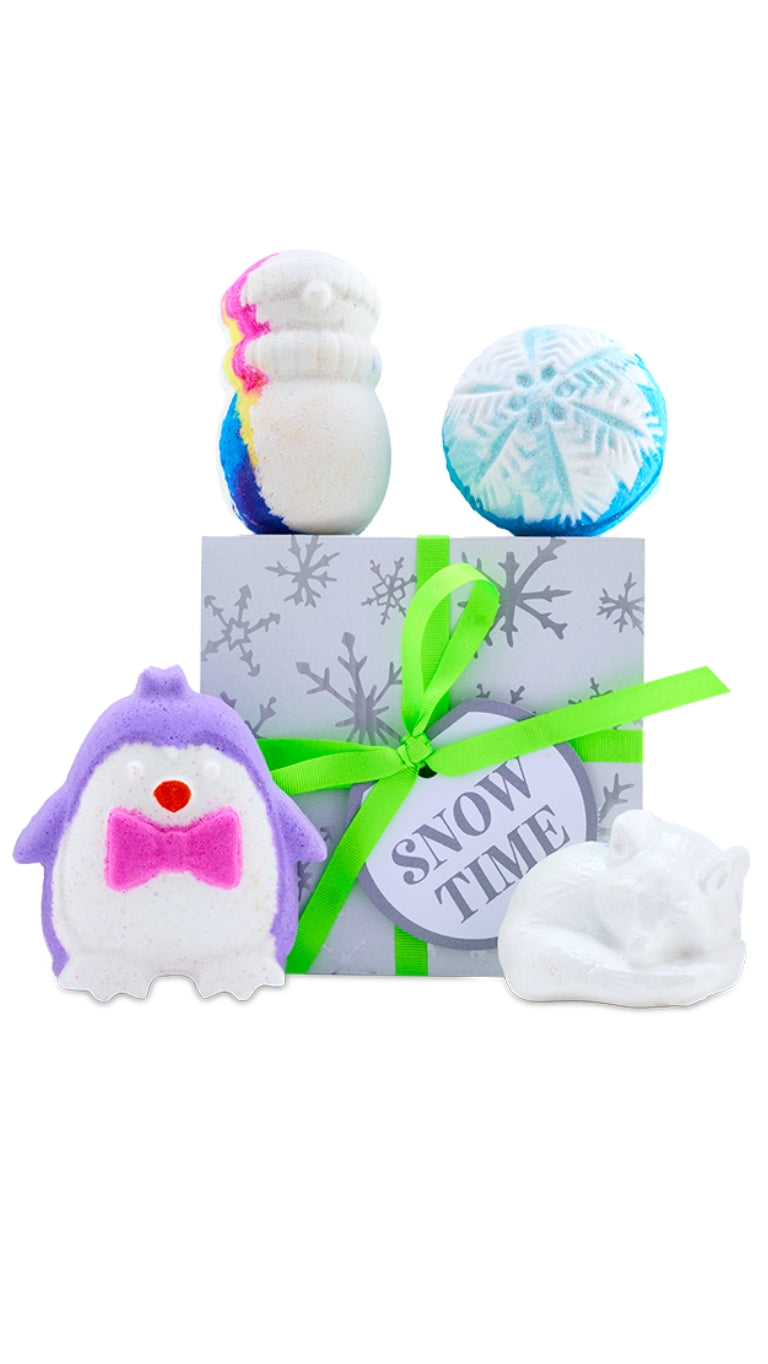 Snow Time gift featuring seasonal bath bombs displayed in front of a white gift box.