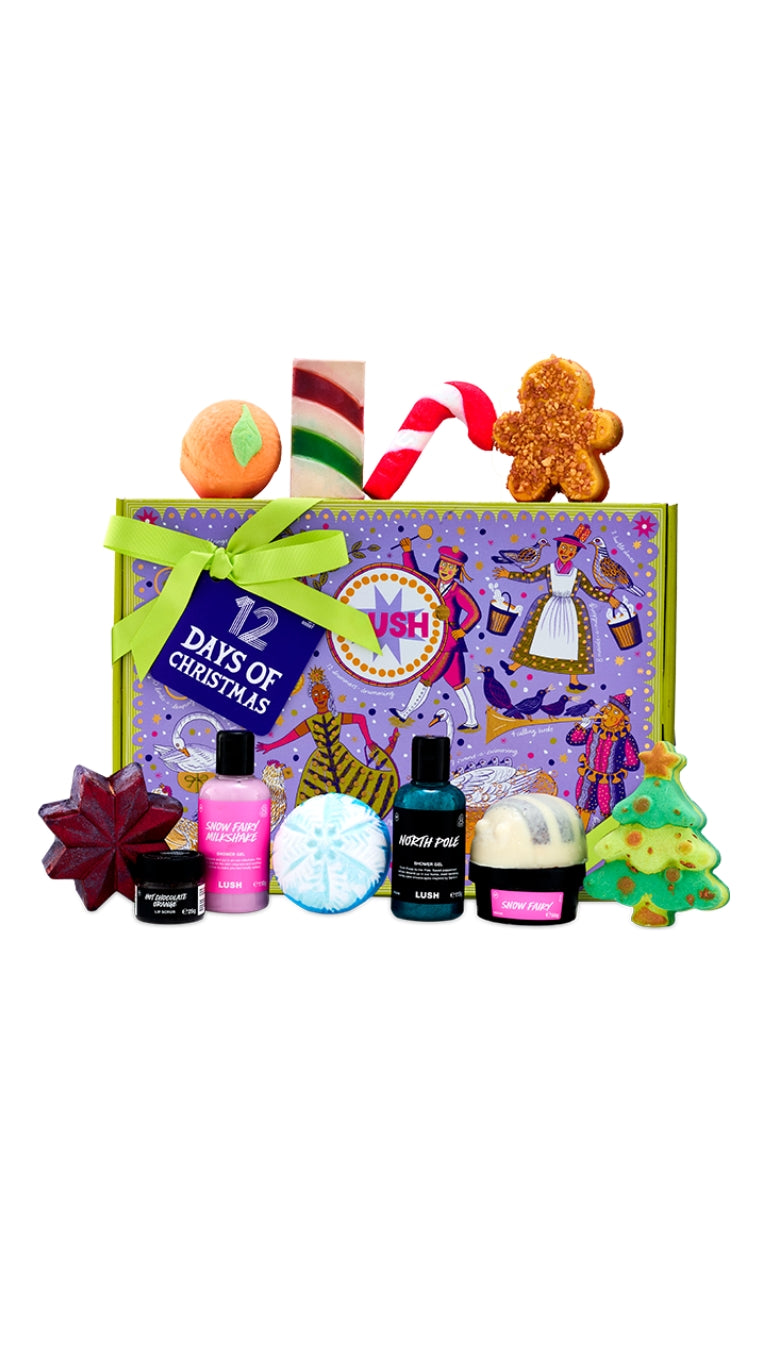 12 Days of Christmas gift set featuring a variety of seasonal christmas products displayed around a purple and green graphic box.