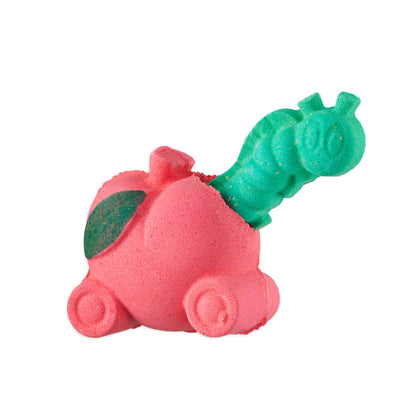 Apple A Day. An extravagant bath bomb consisting of a bright red, apple-shaped car complete with wheels and a removable green caterpillar.