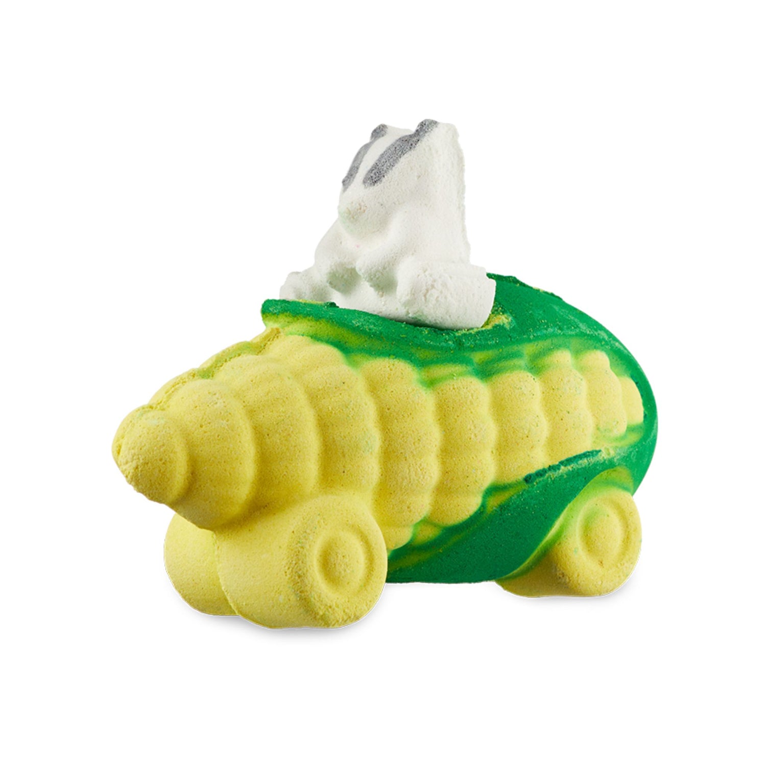 Beat The Clock Badger. An extravagant bath bomb in the shape of a classic black and white badger riding in a bright yellow and green car shaped like a corn cob complete with wheels.