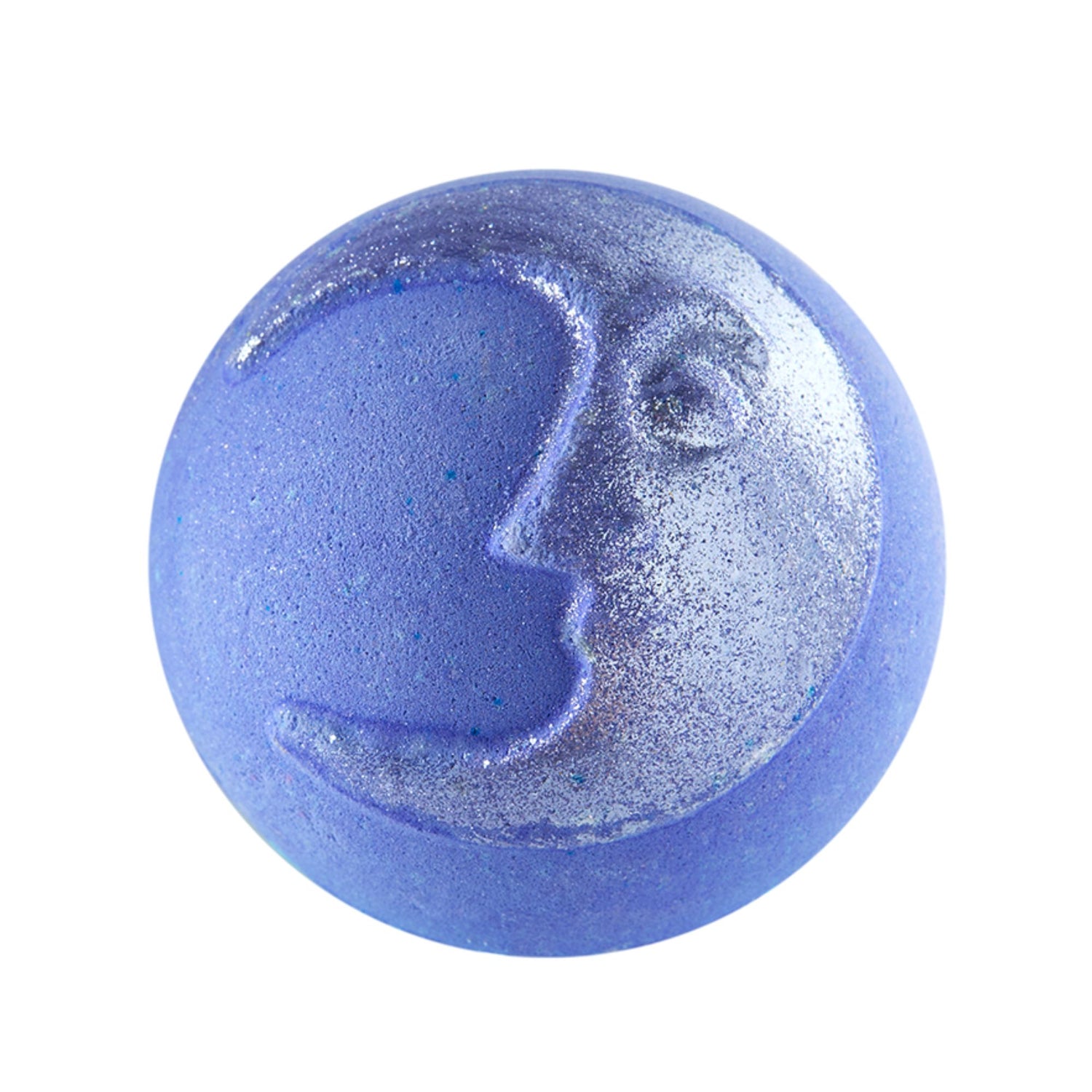 Brother Moon. A perfectly round, enchanted purple colour bath bomb with an embossed crescent moon on the top, coated in shimmer silver lustre.