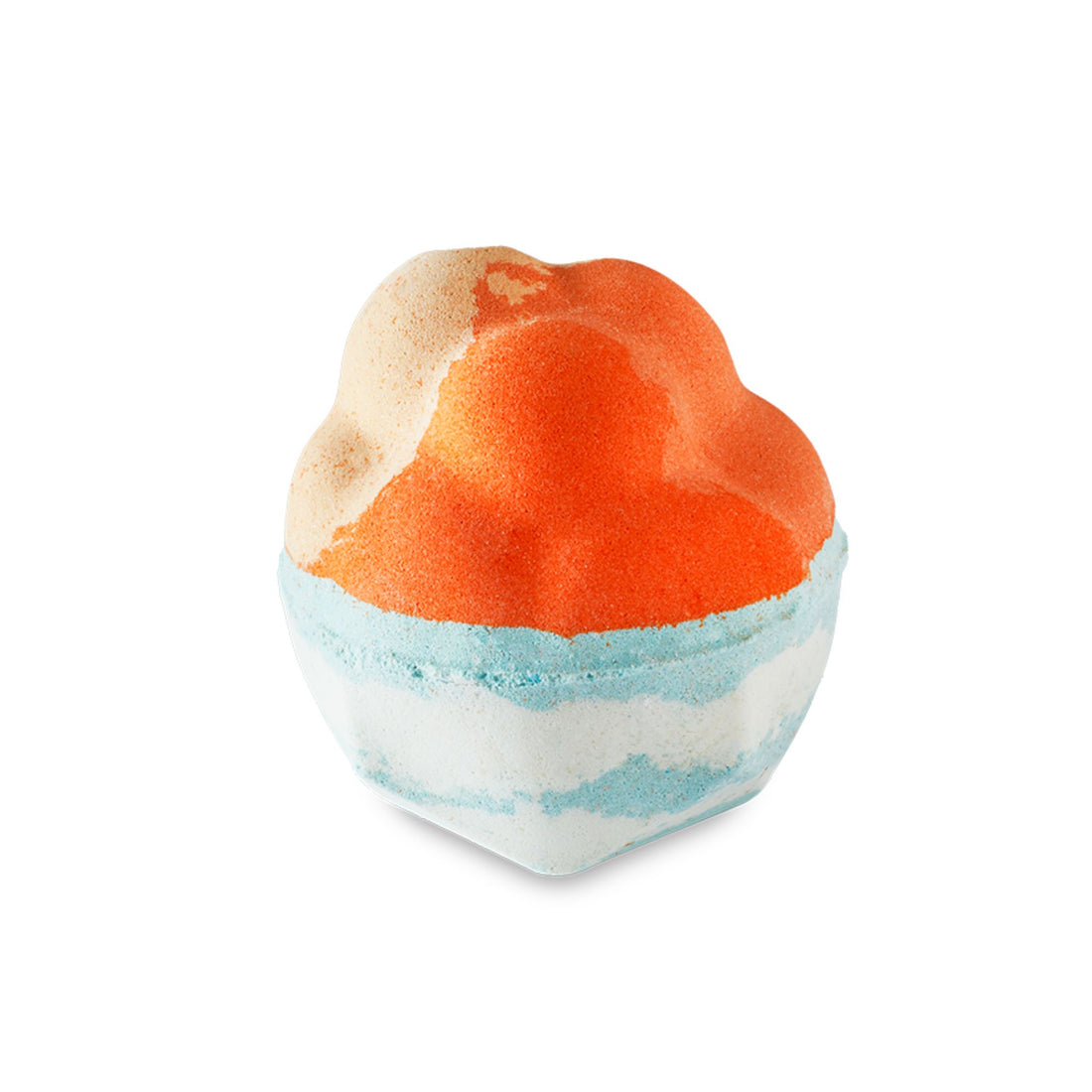 Chelsea Morning. A split-colour bath bomb with an almost rounded cloud-like surface on top with vivid orange colours while the bottom is sky blue and white.