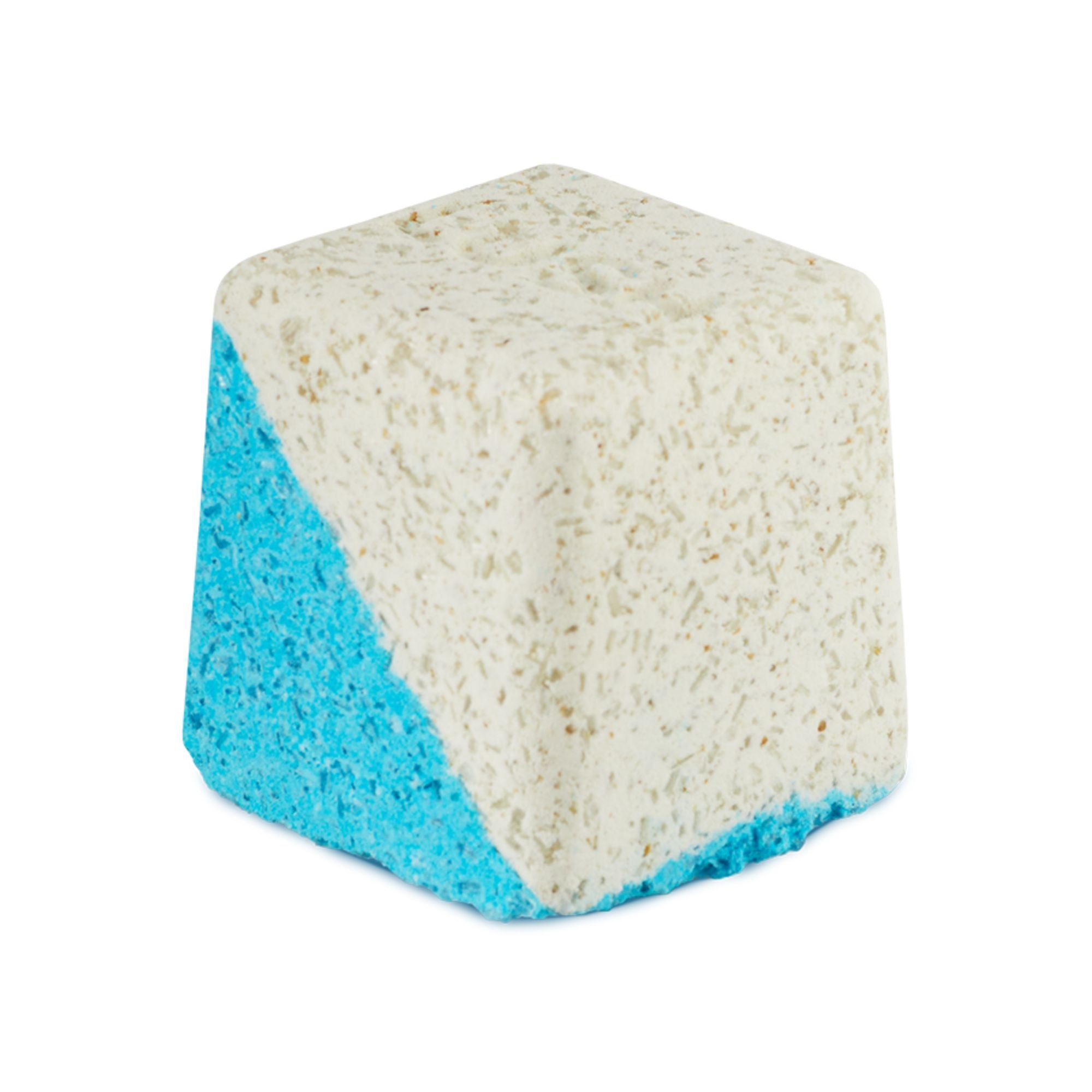 Dream Cream. A rounded, cube-shaped bath bomb with a lower diagonal half of vivid blue and the top is crisp white. There are visible flecks of Epsom salt throughout.