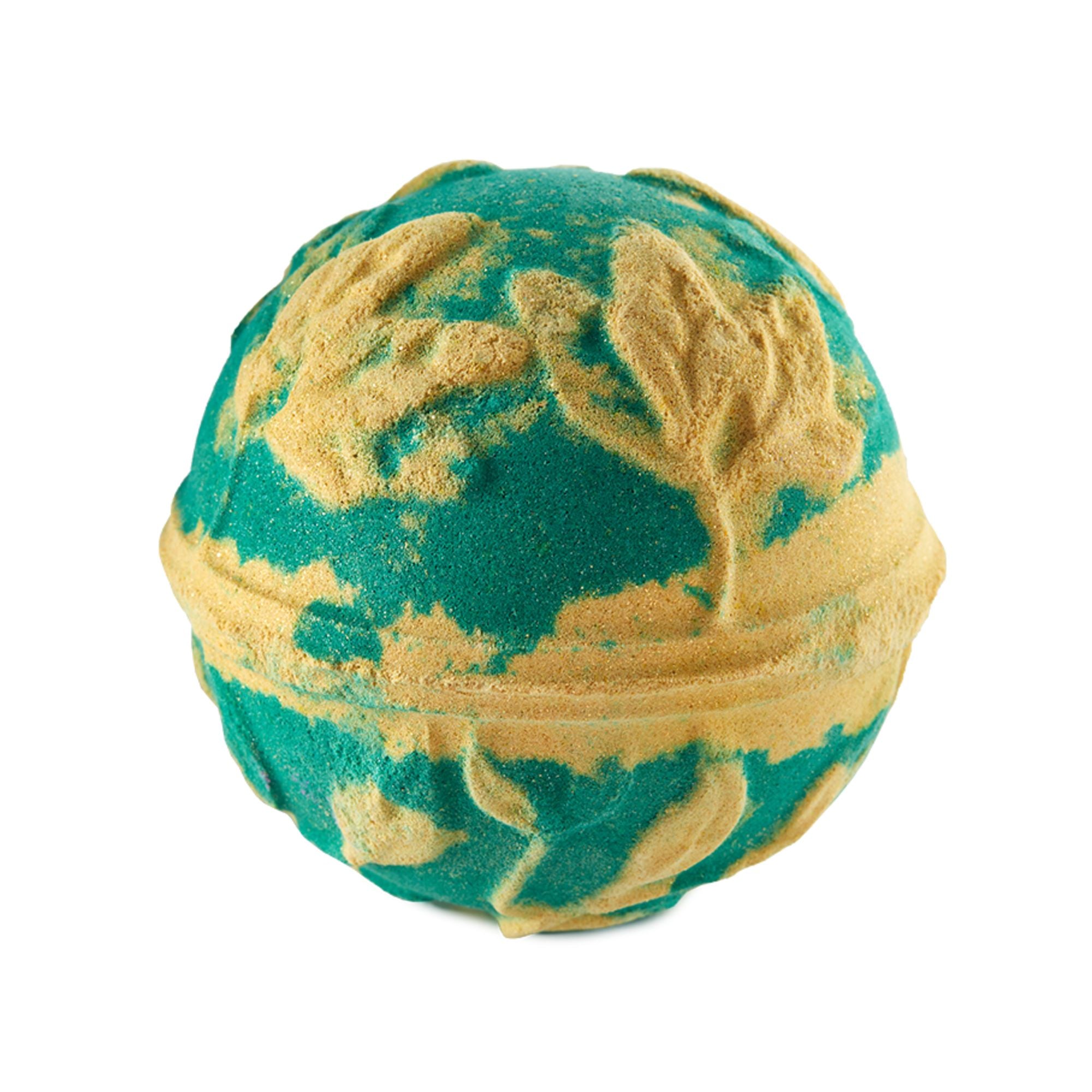 Druid of Bath. A deep, forest-green bath bomb with details of golden leaves and vines covering the surface.