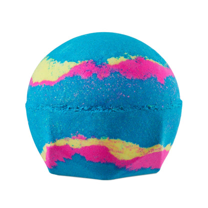 Giant Intergalactic. A bigger version of the round, vibrant blue bath bomb, with pink and neon yellow swirls.