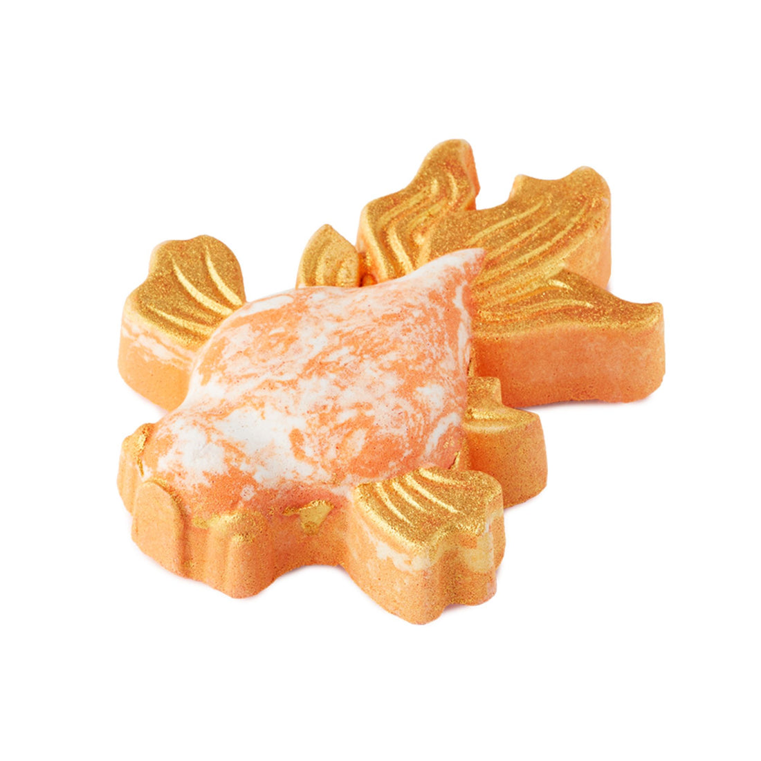 Goldfish. A colourful, orange goldfish-shaped bath bomb complete with delicate, flowing fins covered in fancy golden lustre.