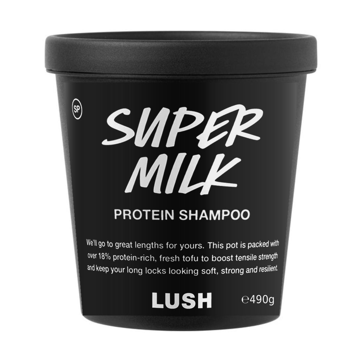 Super Milk Shampoo 490g in its labelled black pot.
