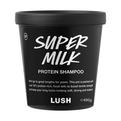 Super Milk Shampoo 490g in its labelled black pot.