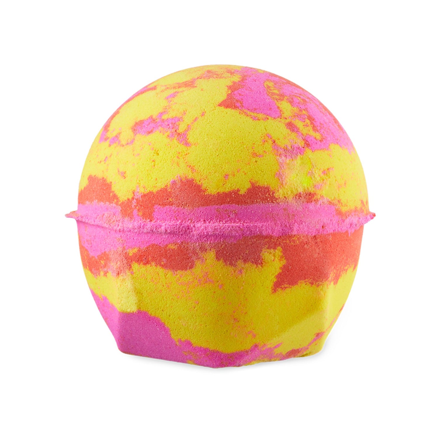 Passion. A classic LUSH-shaped bath bomb coloured almost like a Fruit Salad sweetie in bursts of vivid yellow against hot pink and pops of red.