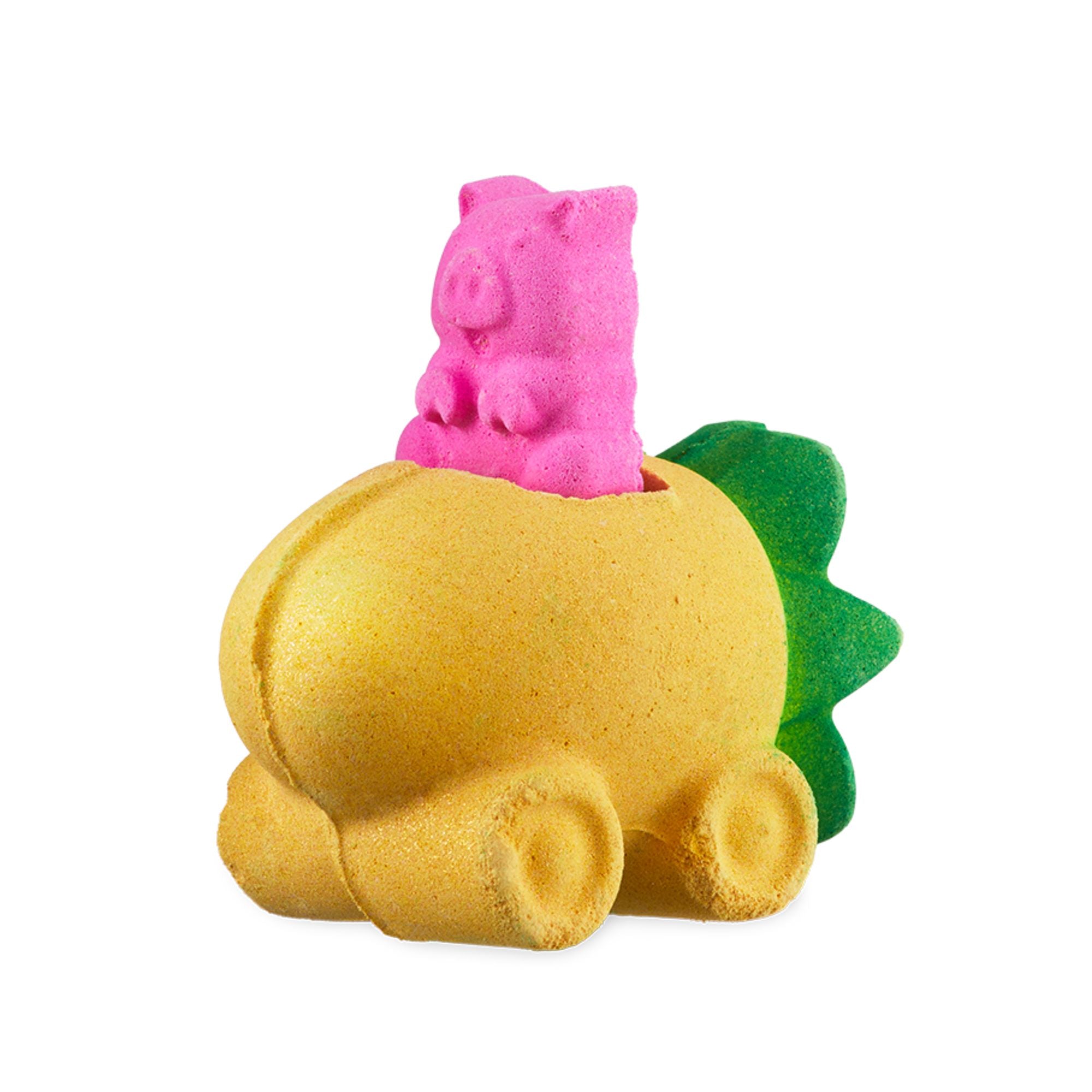 Pig In A Poke. An extravagant bath bomb consisting of a bright yellow, pineapple-shaped car, complete with wheels and a removable, pink piggy bath bomb.