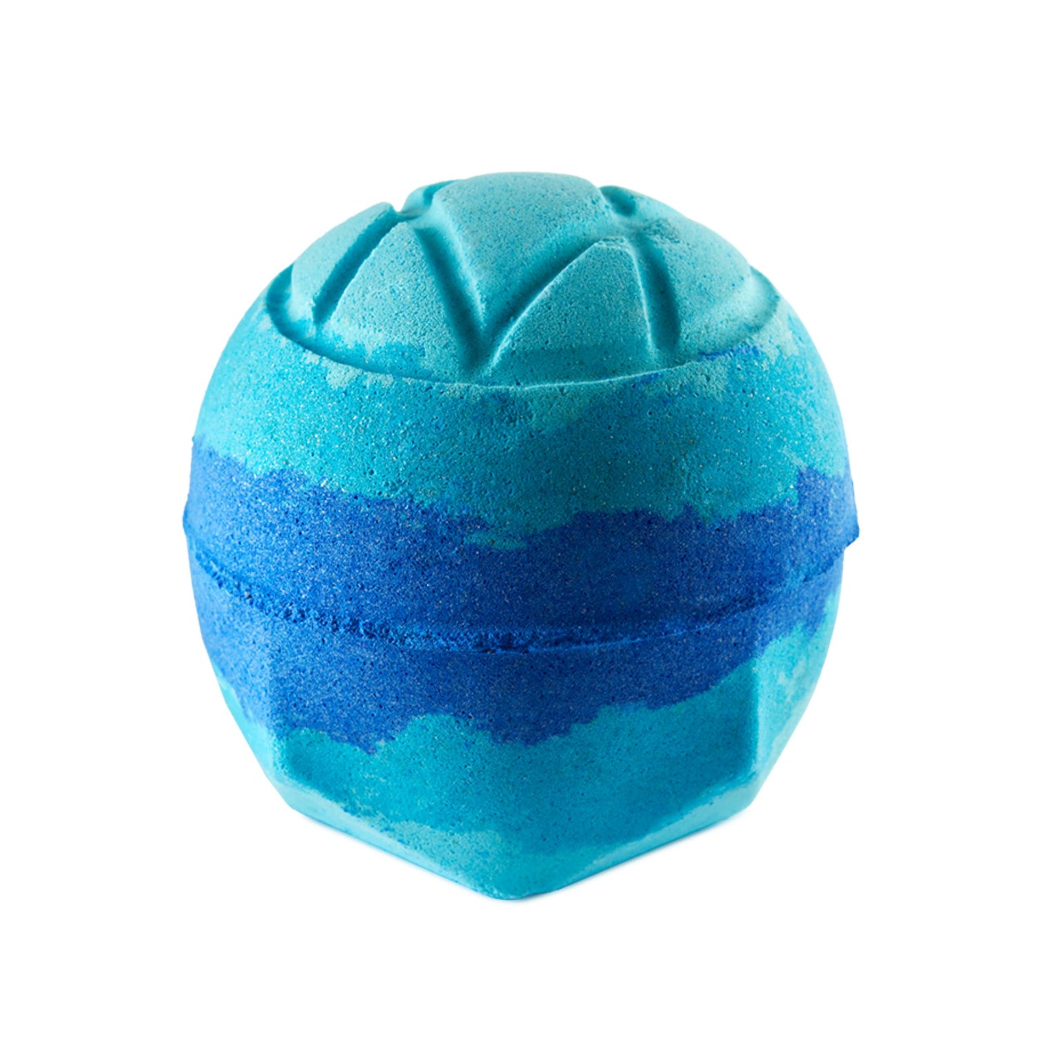 The Hexagon. A classic LUSH bath bomb with mixes of deep sea blue and turquoise blue. There is an embossed criss-cross shape on top.