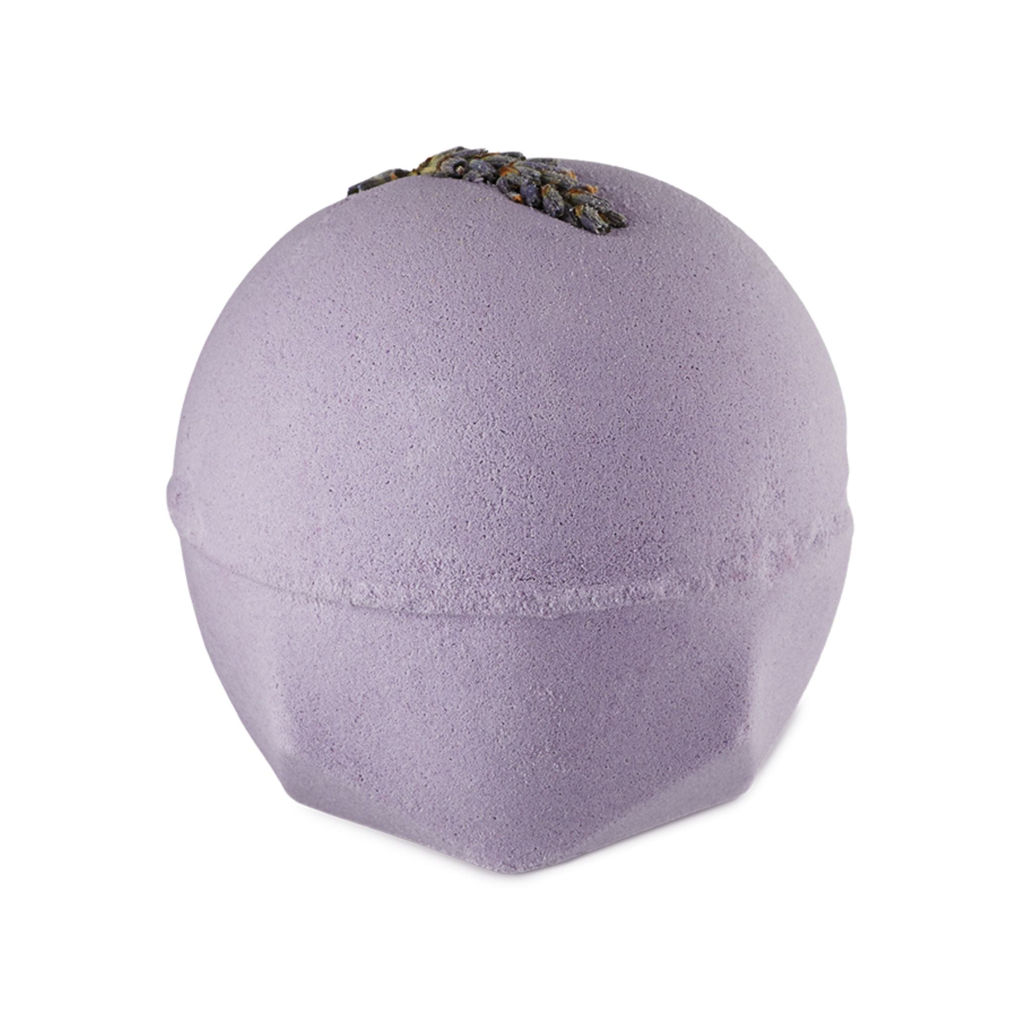 The One With Lavender. A Classic LUSH-shaped bath bomb in a delicate, pastel purple colour. There is a sprig of dried lavender embedded on top.