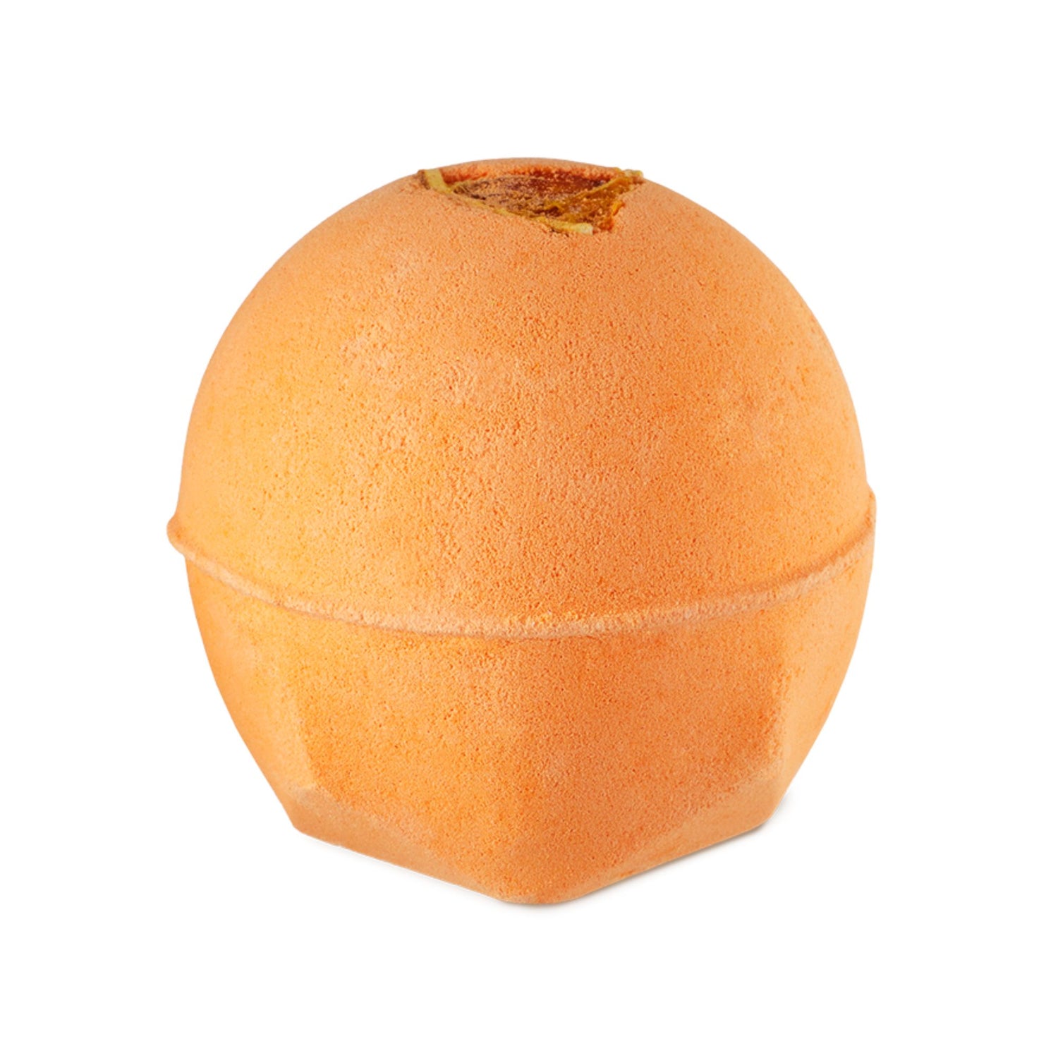 The One With Orange Slices. A classic LUSH-shaped bath bomb in a vivid, deep orange colour with a dried orange slice embedded on top.