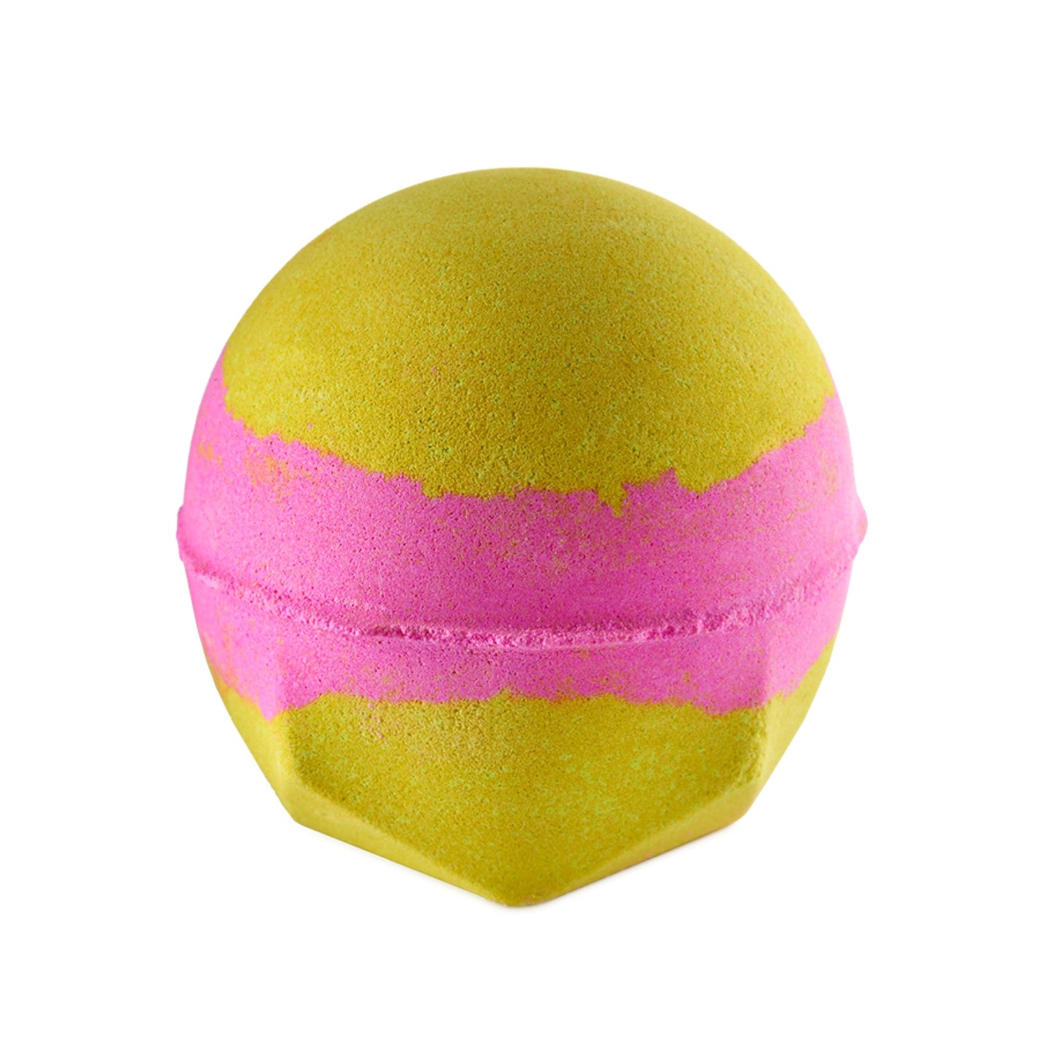 Time Of The Season. A classic LUSH bath bomb shape with a bright, canary yellow top and bottom with a band of vivid, hot pink strip around the middle.