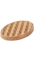 A clay coloured oval-shaped lush massage bar that smells zesty. 