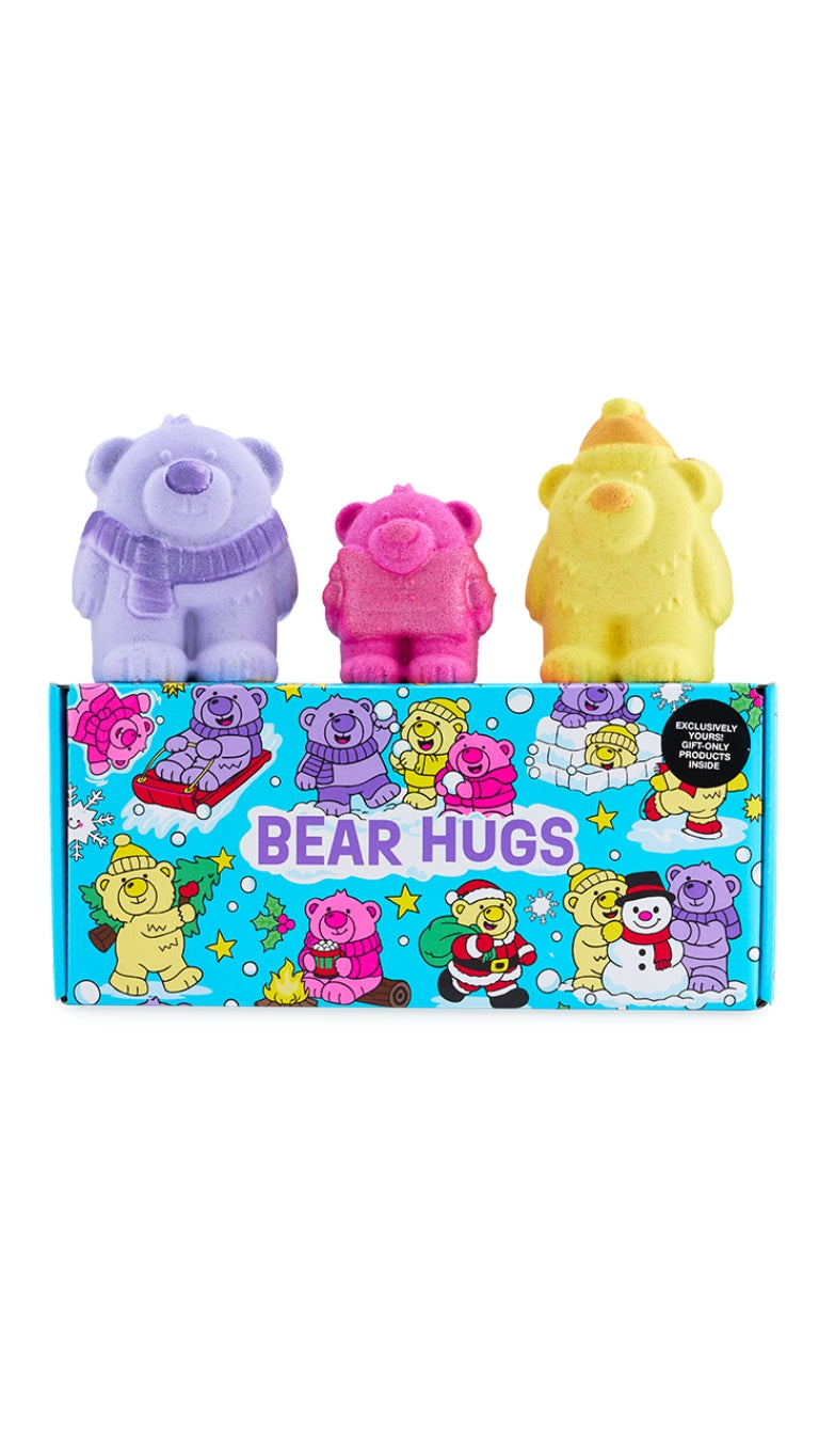 Bear Hugs gift featuring  three gift exclusive bath bombs displayed on top of a blue box. 