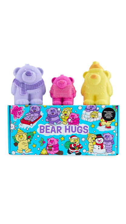 Bear Hugs gift featuring  three gift exclusive bath bombs displayed on top of a blue box. 