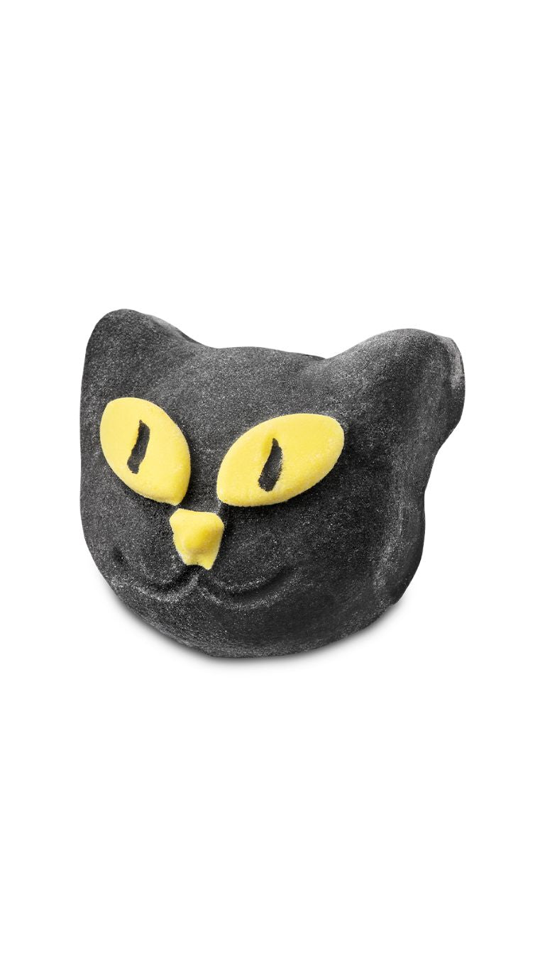 A black cat head-shaped bubble bar with bright yellow eyes. 