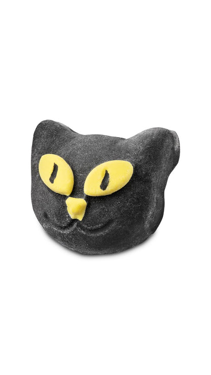 A black cat head-shaped bubble bar with bright yellow eyes. 