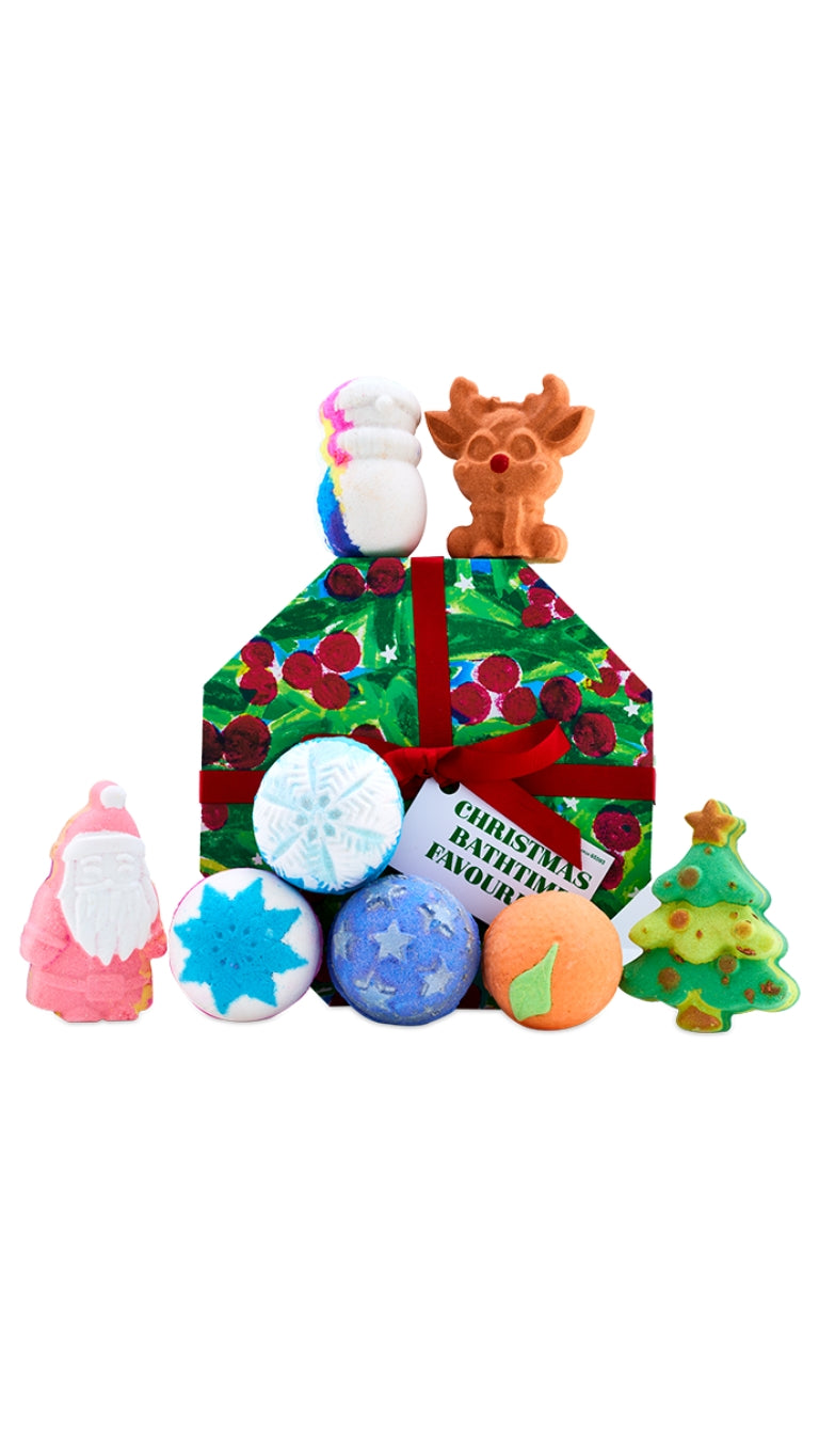 Christmas Bathtime Favourites gift featuring seasonal bath bombs displayed in front of a colourful graphic hat box. 