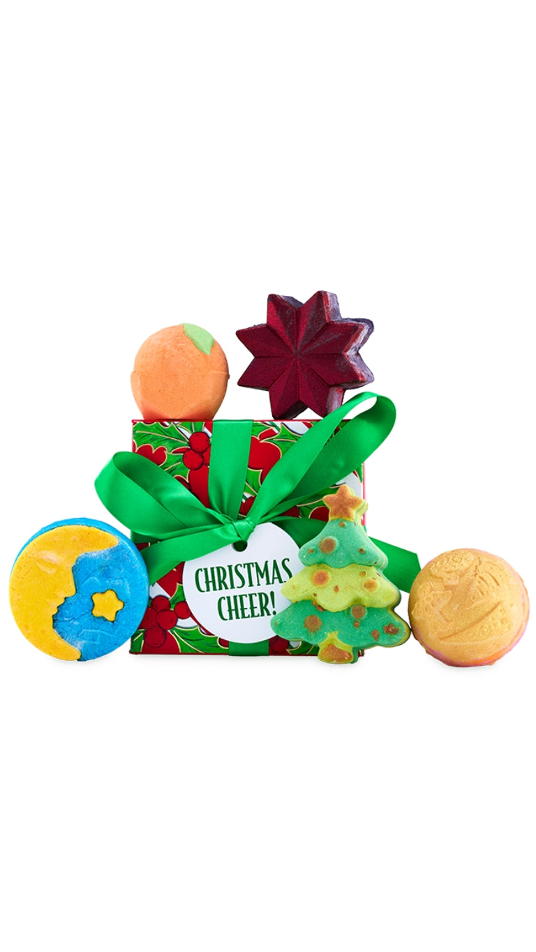 Christmas Cheer gift featuring seasonal bath bombs and bubble bars displayed in front of a graphic hat box.