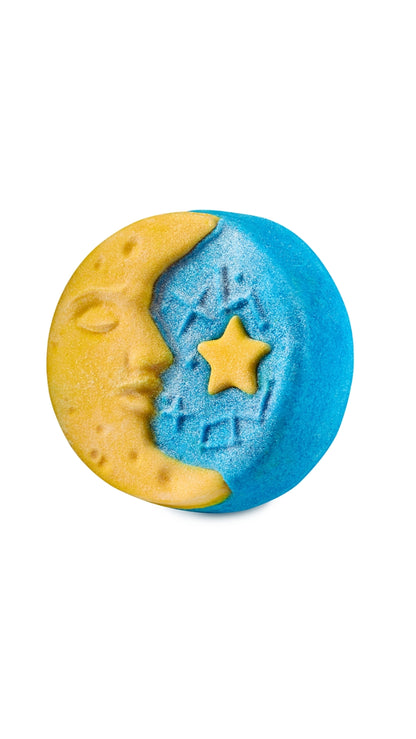 A blue and yellow circular bubble bar with a moon and star imprinted on it.