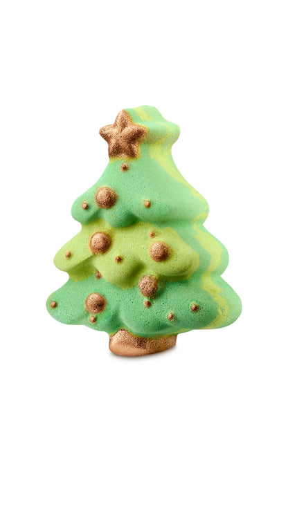 A green and gold christmas tree-shaped bath bomb. 