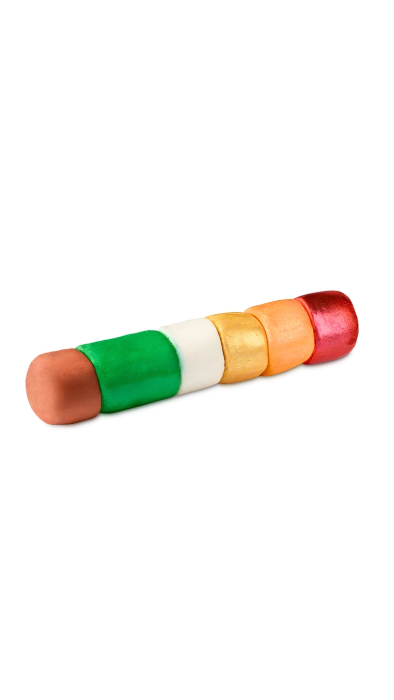 A line of various pieces of different coloured balls of lush fun. 