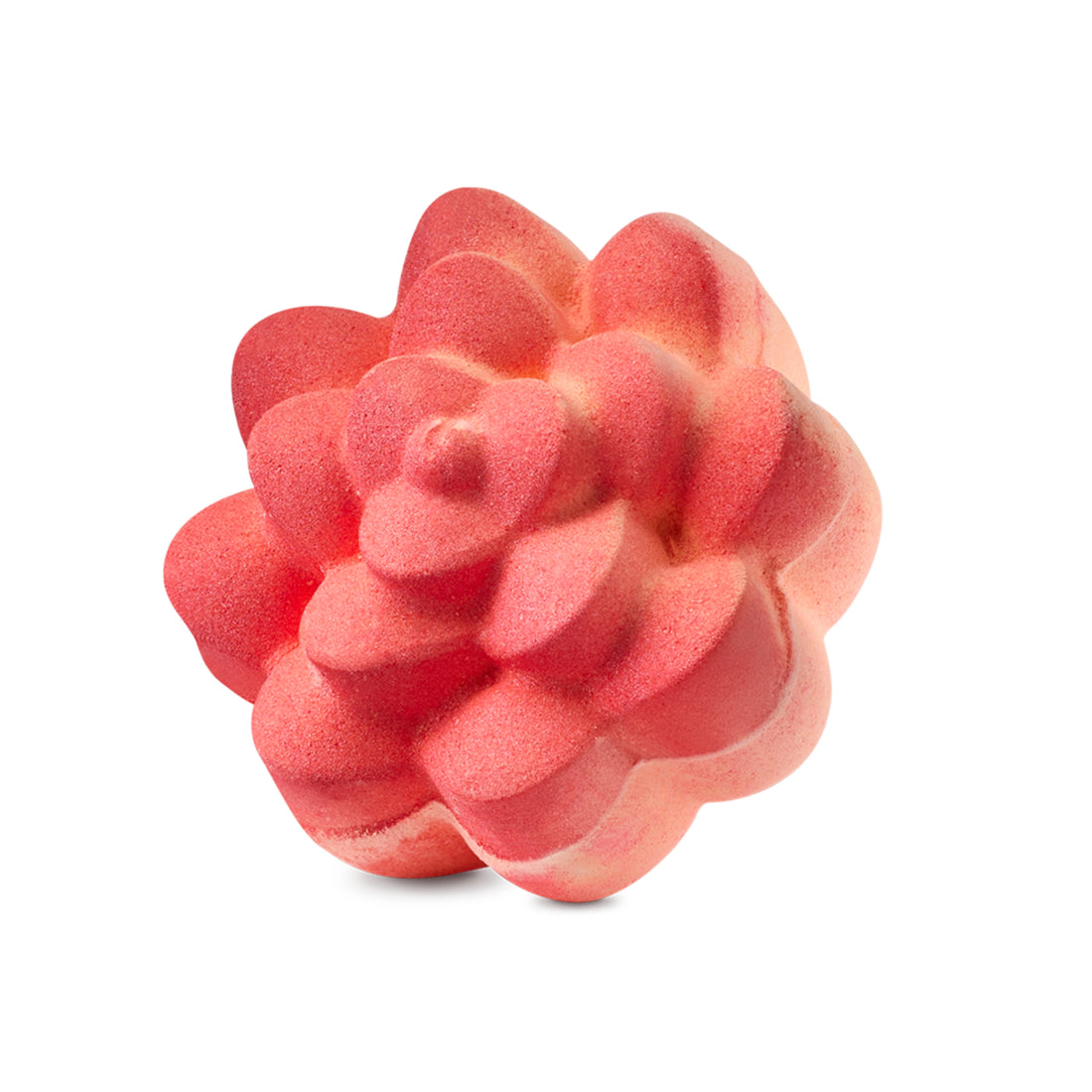 Pink flower-shaped bath bomb with layered petals and a blooming floral design.
