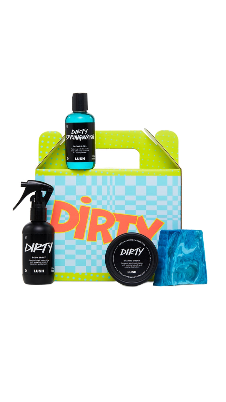Dirty Gift featuring Dirty Springwash shower gel, Dirty body spray, Dirty shaving cream and outback mate soap piece around a green and blue gift box. 