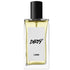 A tall rectangular glass perfume bottle filled with yellow liquid, topped with a black cap and featuring a white label on the front with the product name printed in black.