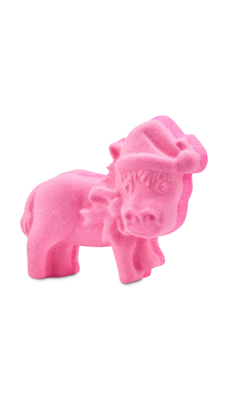 A pink donkey with a christmas hat on-shaped bath bomb. 