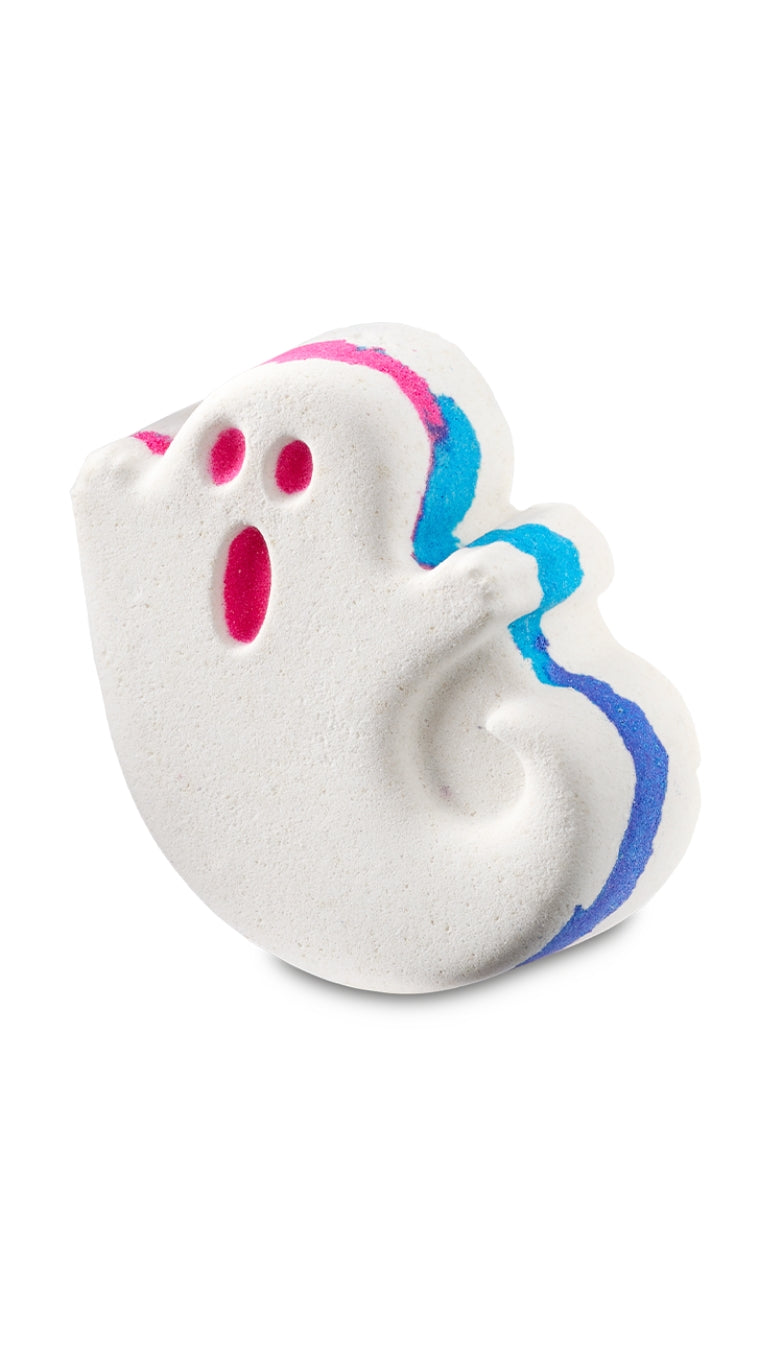 A colourful ghost-shaped white bath bomb. 