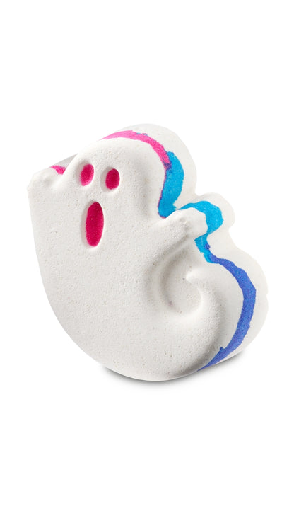 A colourful ghost-shaped white bath bomb. 