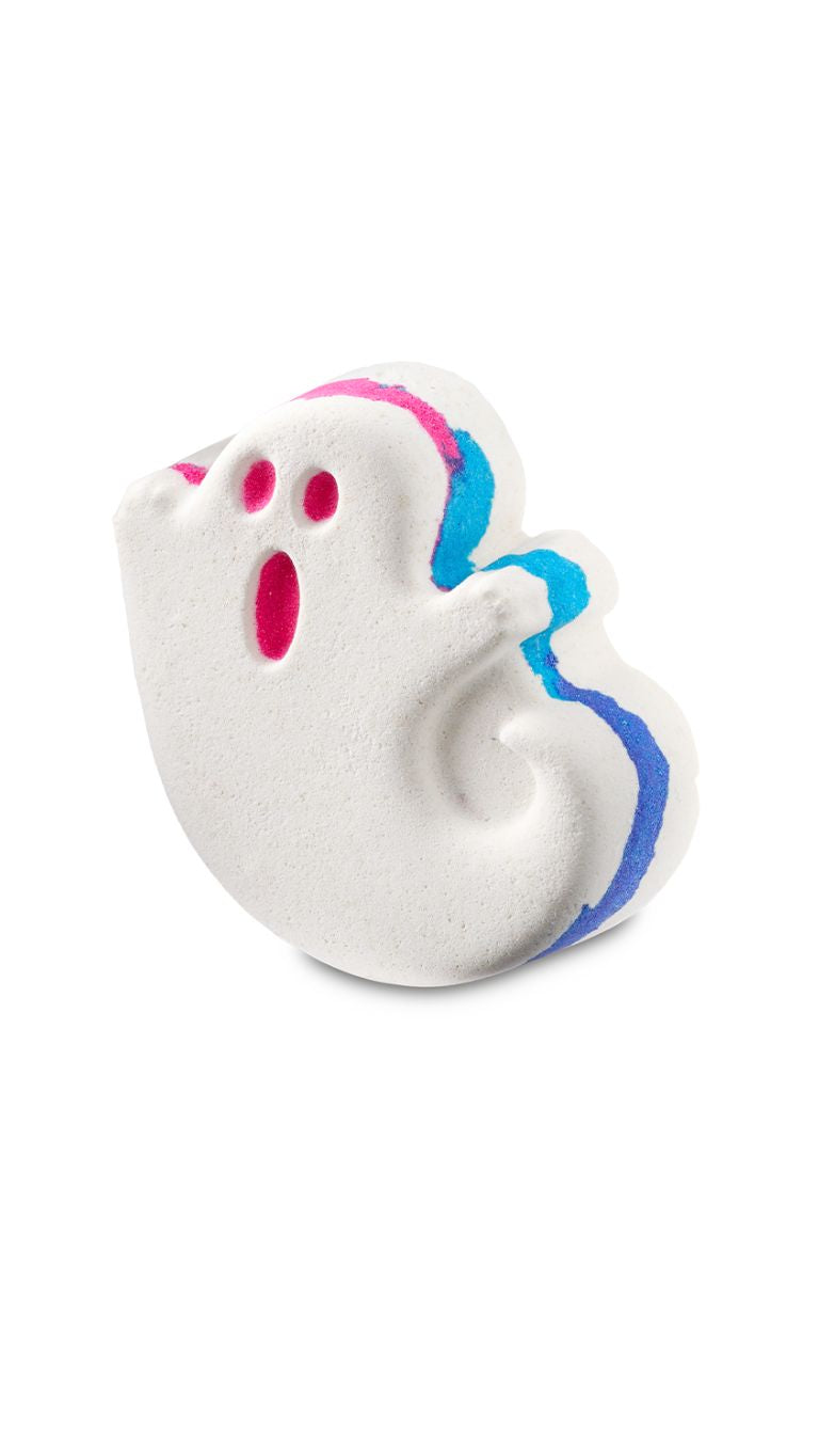 A colourful ghost-shaped white bath bomb. 