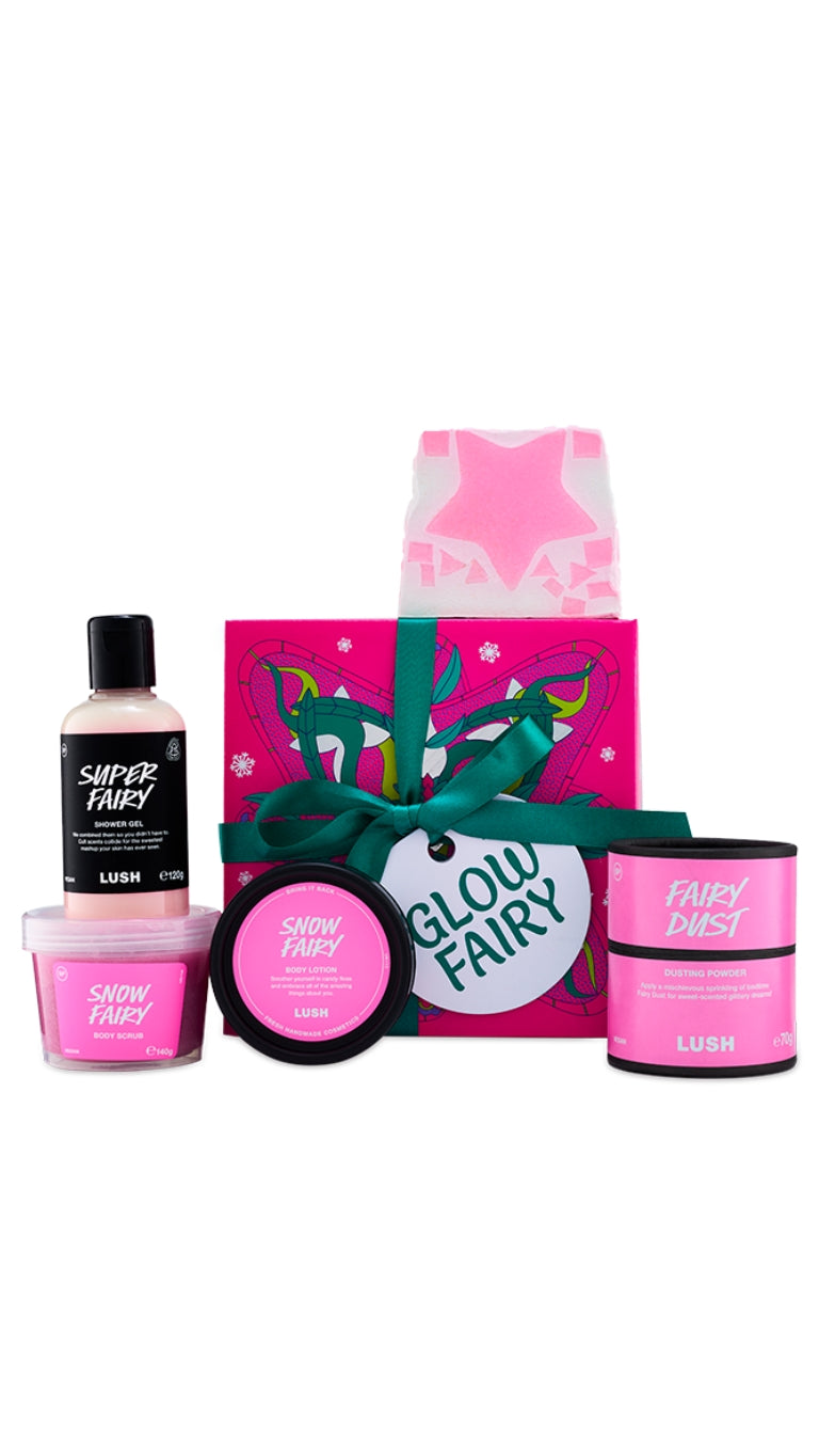 Glow Fairy gift featuring snow fairy scented products displayed in front of a pink hat box. 