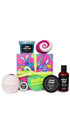 Hello Gorgeous Gift featuring a variety of shower, bath and body products displayed around a graphic patterned hat-box. 