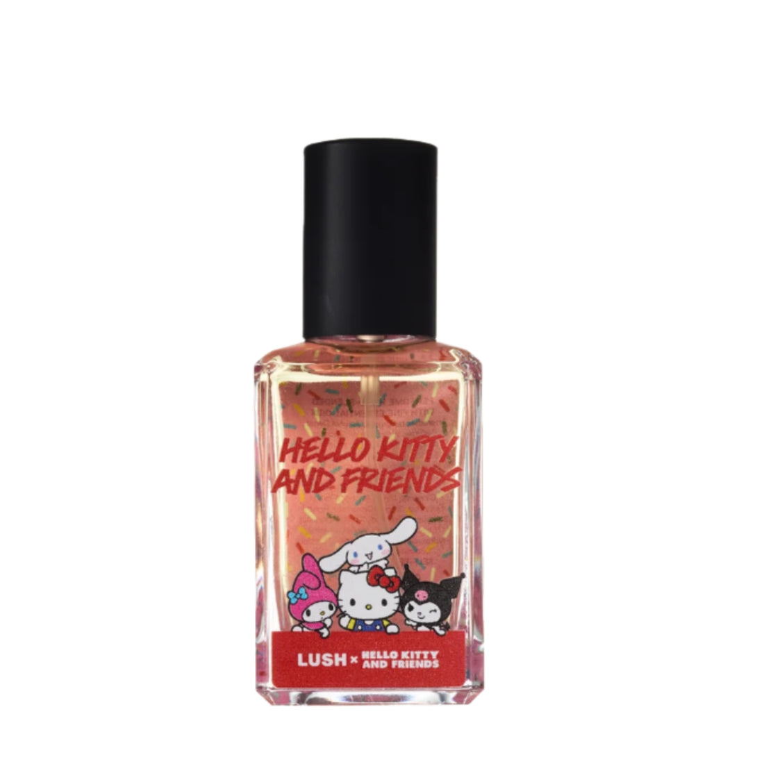 Perfume bottle with Hello Kitty and Friends artwork, filled with clear liquid and topped with a black cap.