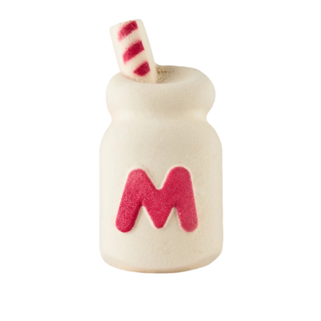 A white and red milk bottle shaped bubble bar featuring a large red &
