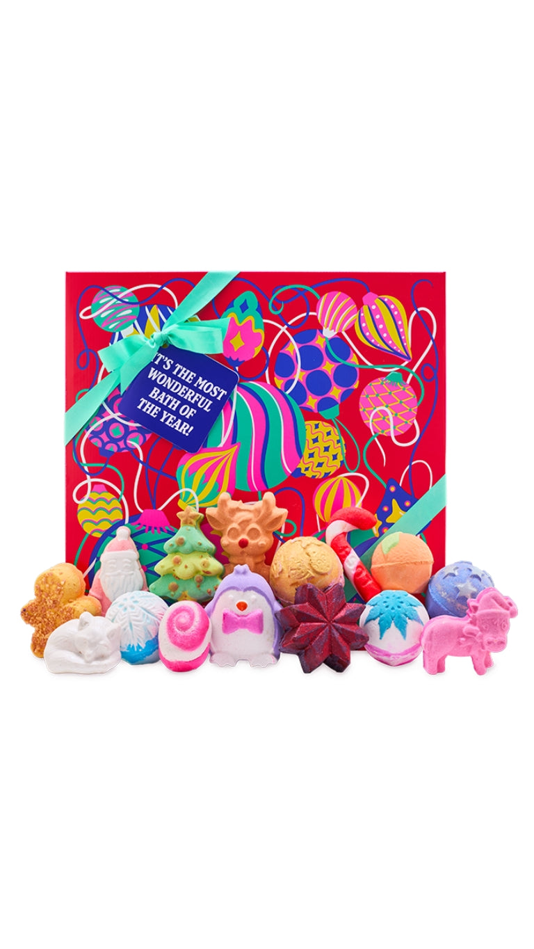 Its the Most Wonderful Bath of The Year gift featuring a variety of seasonal bath bombs and bubble bars displayed in front of a large square gift box.