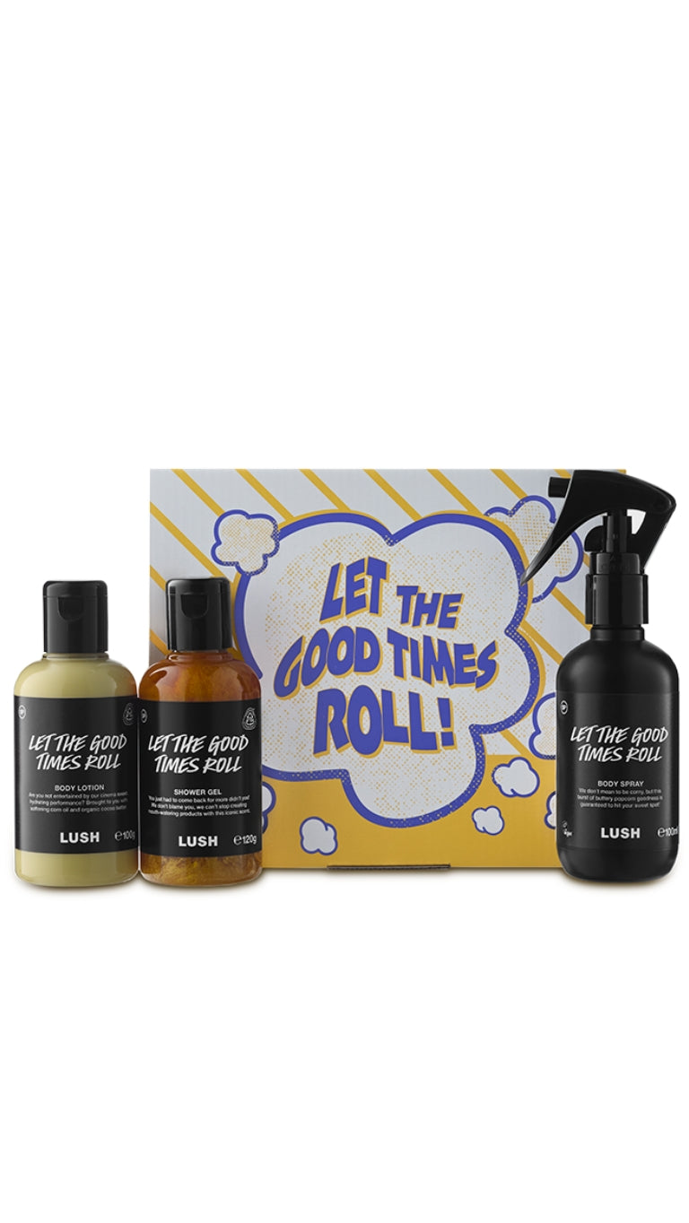 Let the Good Times Roll gift featuring Let the Good Times Roll body lotion, shower gel and body spray displayed in front of a square flip-lid box.