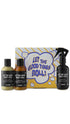 Let the Good Times Roll gift featuring Let the Good Times Roll body lotion, shower gel and body spray displayed in front of a square flip-lid box. 